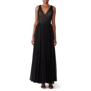 Badgley Mischka Black pleated Tulle Chiffon V-neck Gown size 2